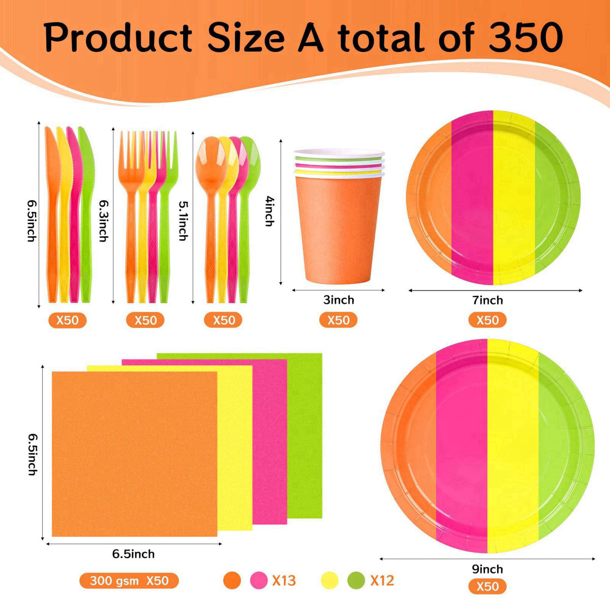 COSINIA 350 Pcs Neon Disposable Plates and Napkins Tableware Set for 50 Guests – close-up detail