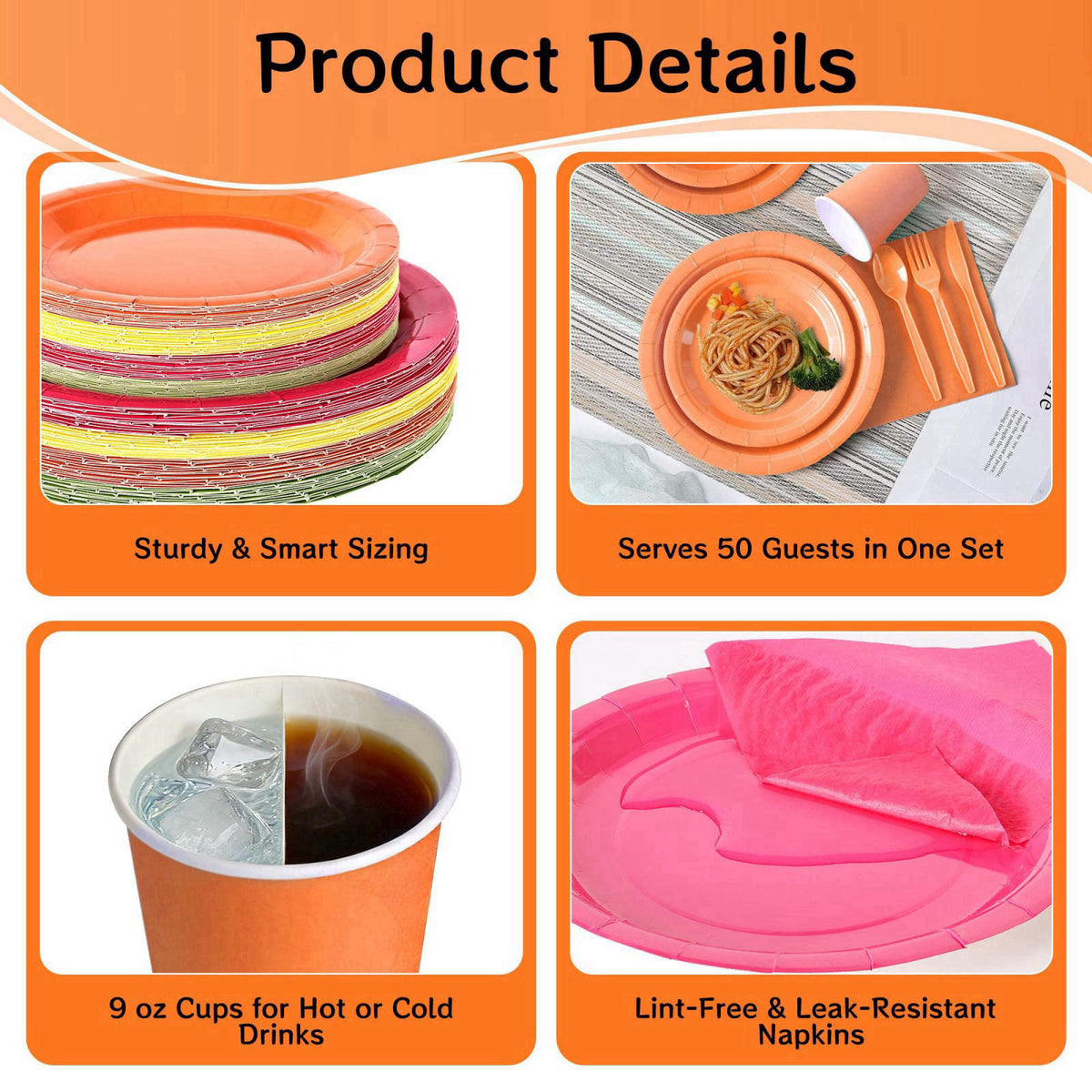COSINIA 350 Pcs Neon Disposable Plates and Napkins Tableware Set for 50 Guests – packaging and label