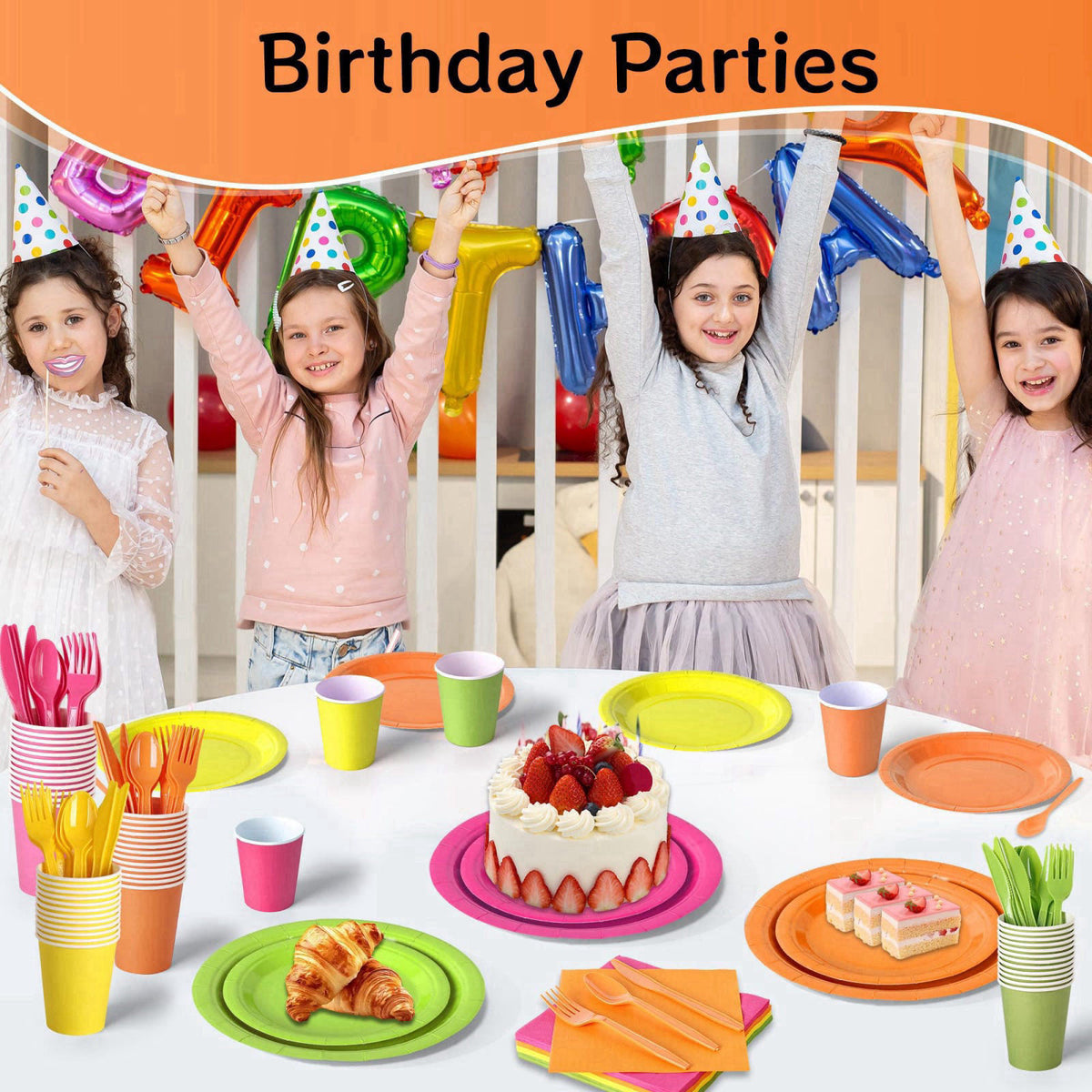 COSINIA 350 Pcs Neon Disposable Plates and Napkins Tableware Set for 50 Guests – full view