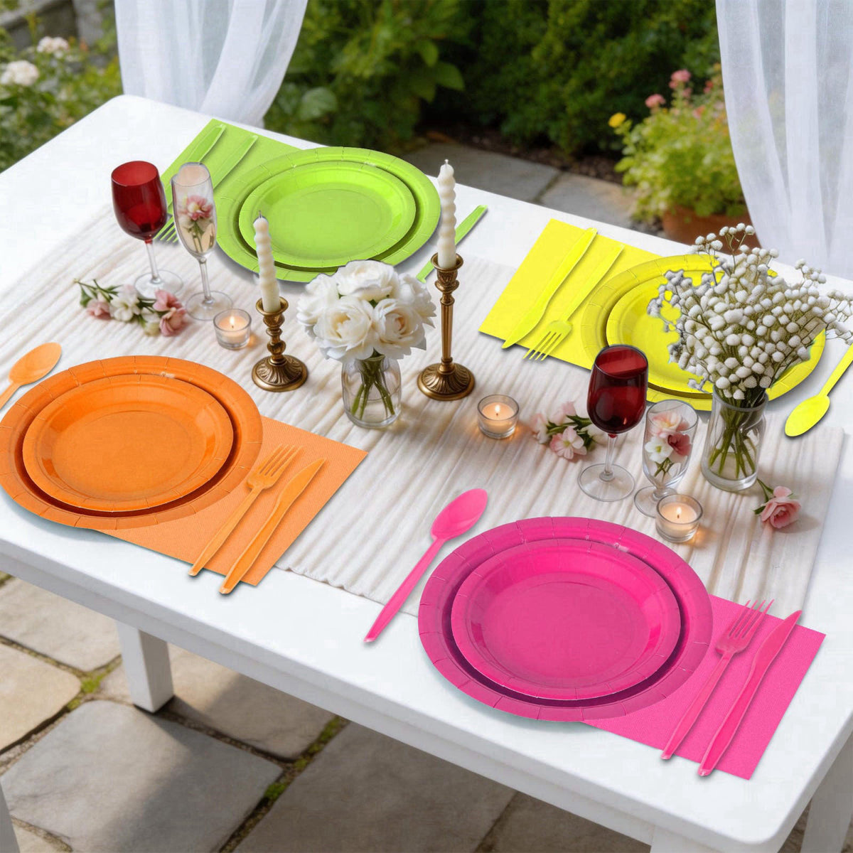 COSINIA 350 Pcs Neon Disposable Plates and Napkins Tableware Set for 50 Guests – back view and specifications
