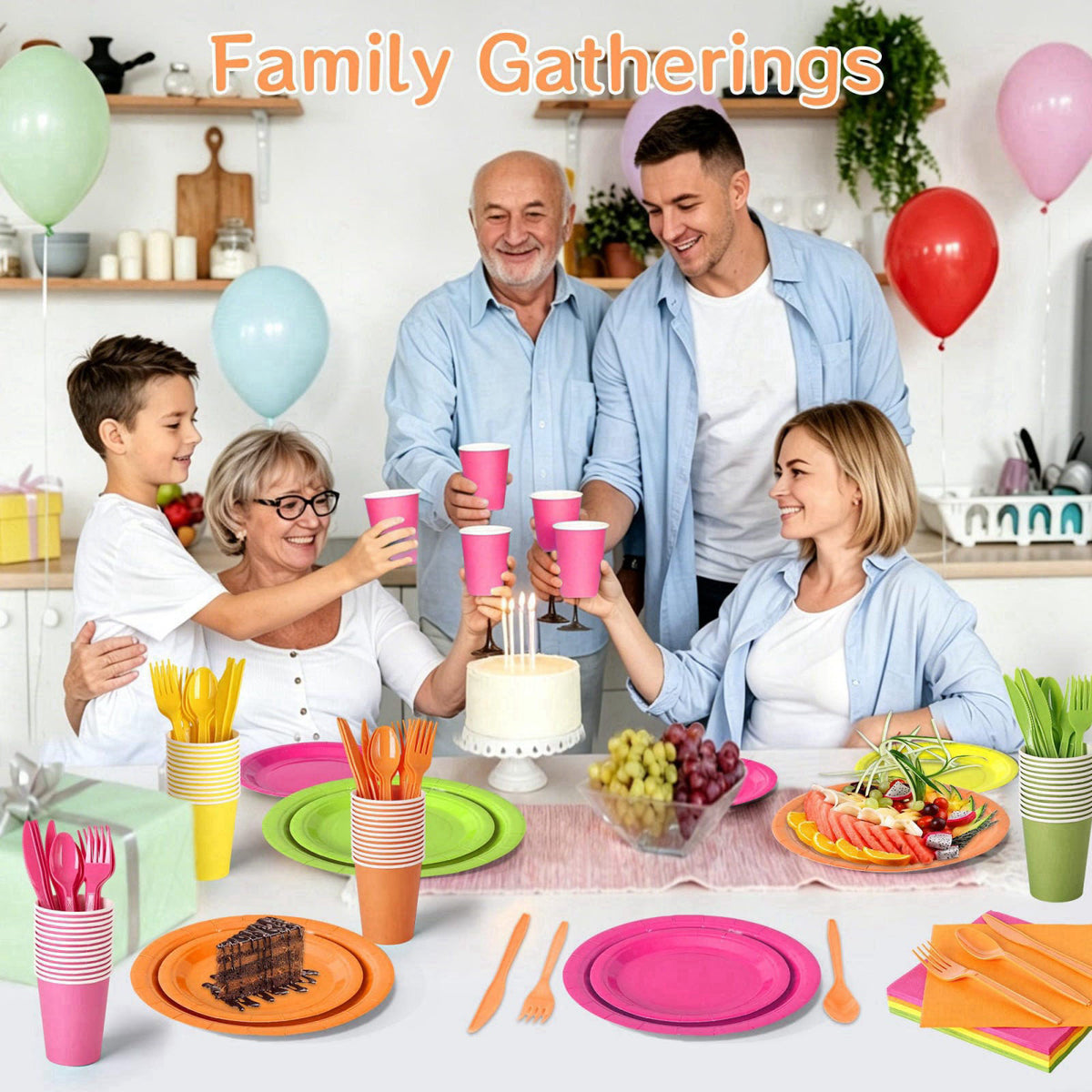 COSINIA 350 Pcs Neon Disposable Plates and Napkins Tableware Set for 50 Guests – alternate angle