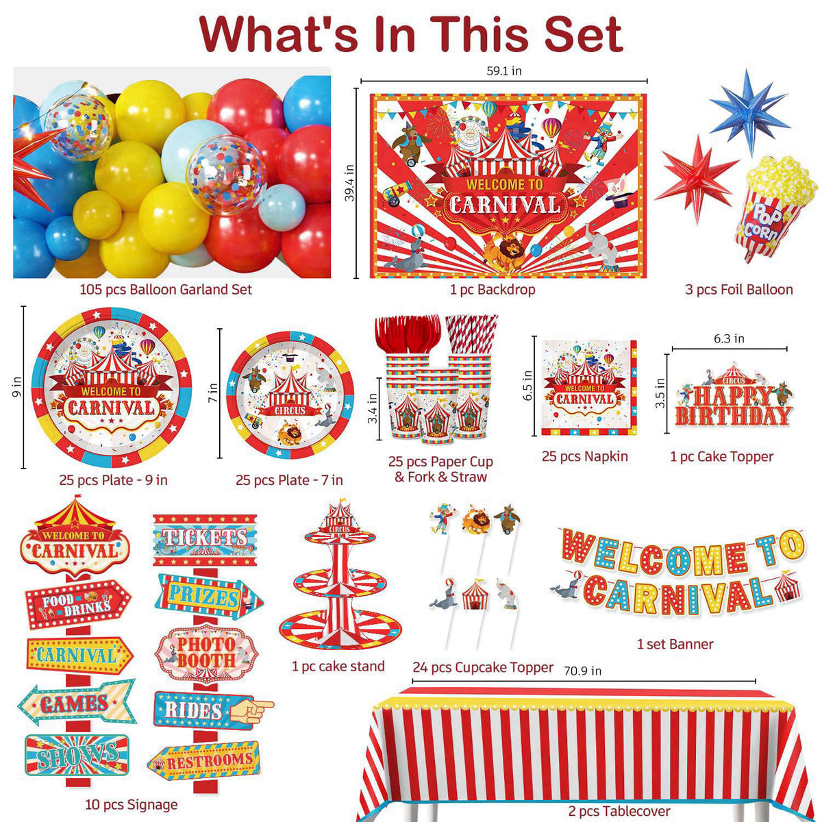 cocomigo 302PCS Carnival Theme Party Decorations Circus Party Set Serves 25 – close-up detail in Multiple Colors