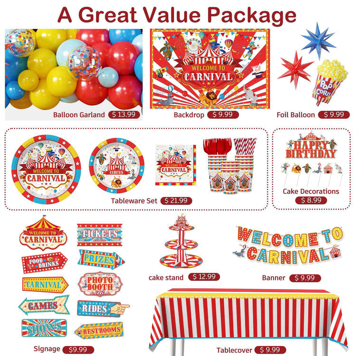 cocomigo 302PCS Carnival Theme Party Decorations Circus Party Set Serves 25 – packaging and label
