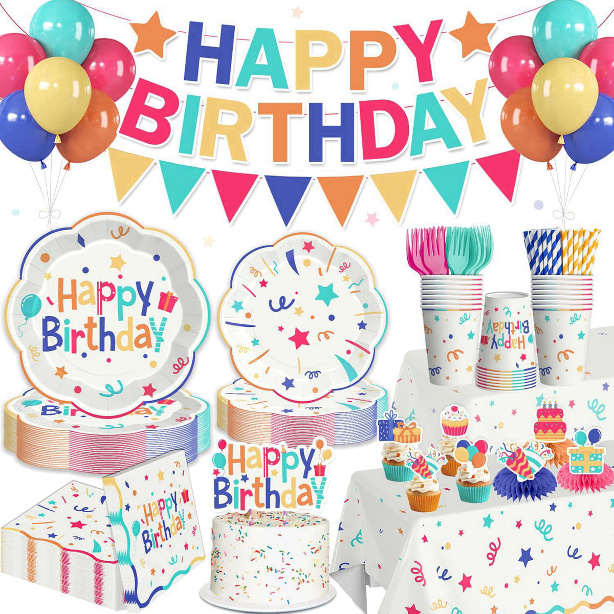 Xynic 197pcs Colorful Birthday Decorations, Serves 25 – product photo (Party Packs)