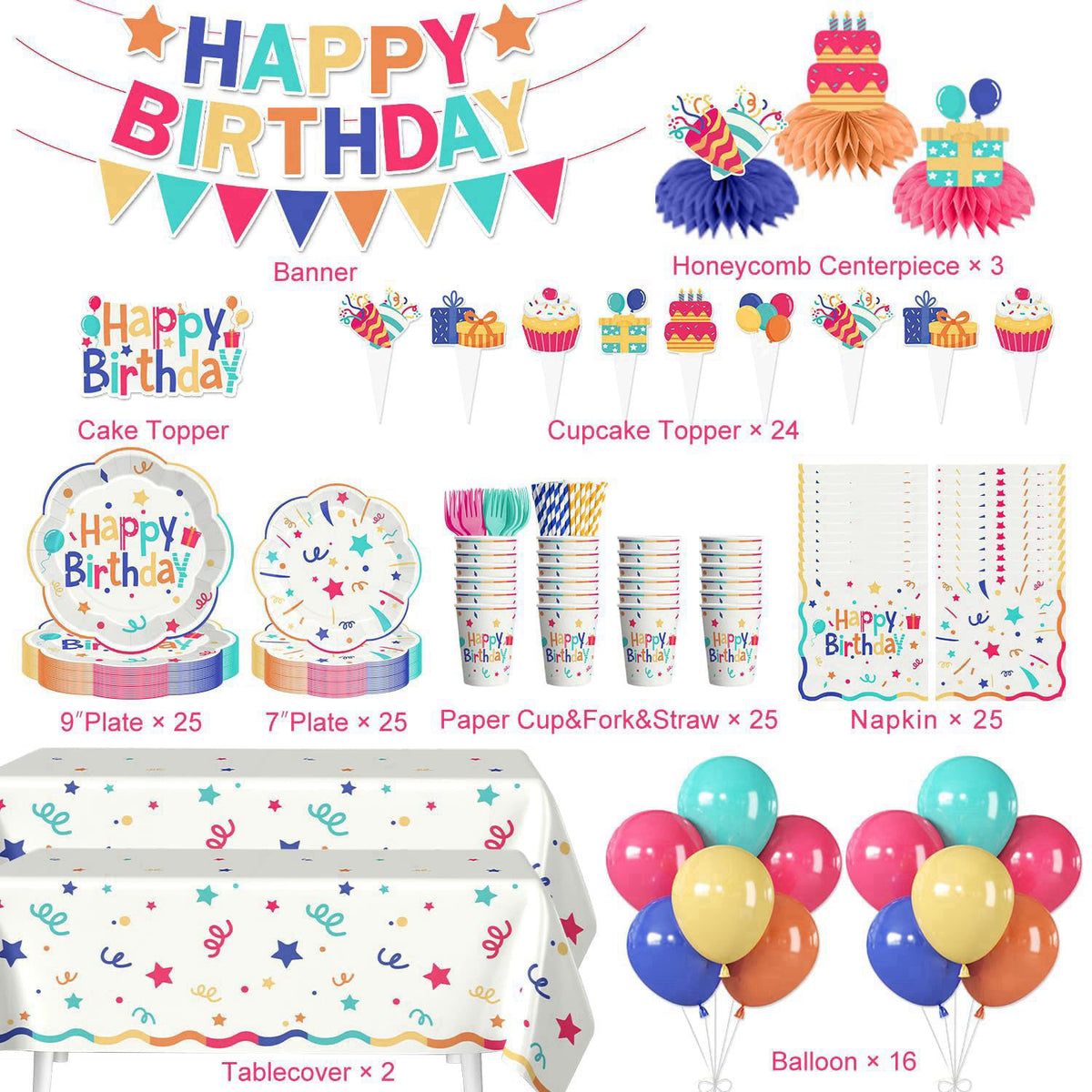 Xynic 197pcs Colorful Birthday Decorations, Serves 25 – packaging and label