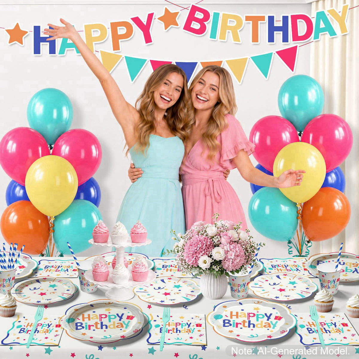 Xynic 197pcs Colorful Birthday Decorations, Serves 25 – back view and specifications