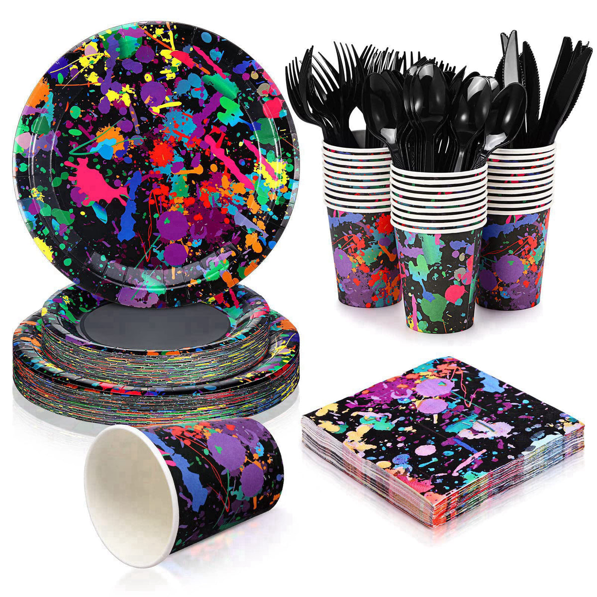 Baderke 252 Pcs Neon Party Supplies Neon Plates Tableware Set for 36 Guests – Neon, Paper
