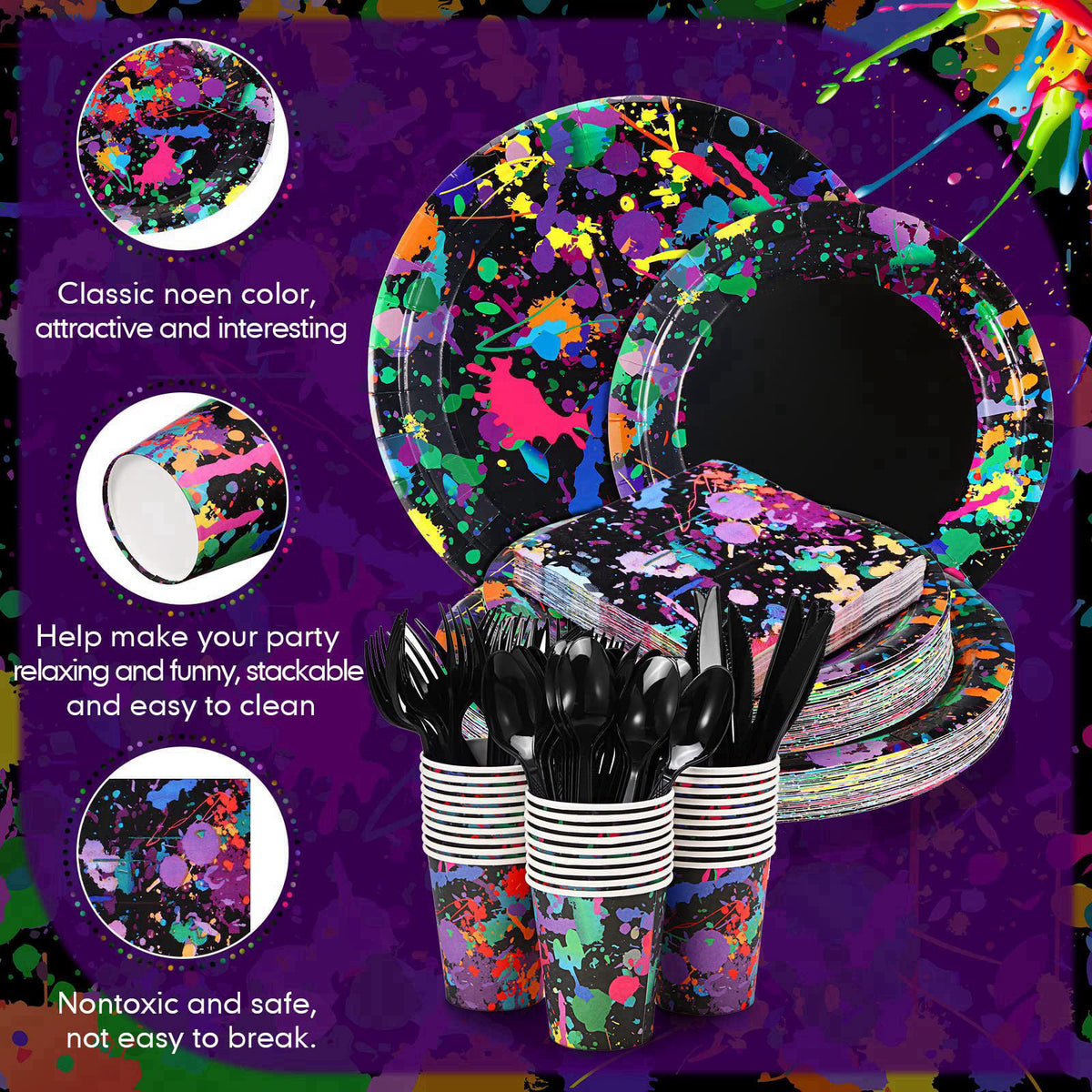 Baderke 252 Pcs Neon Party Supplies Neon Plates Tableware Set for 36 Guests – packaging and label
