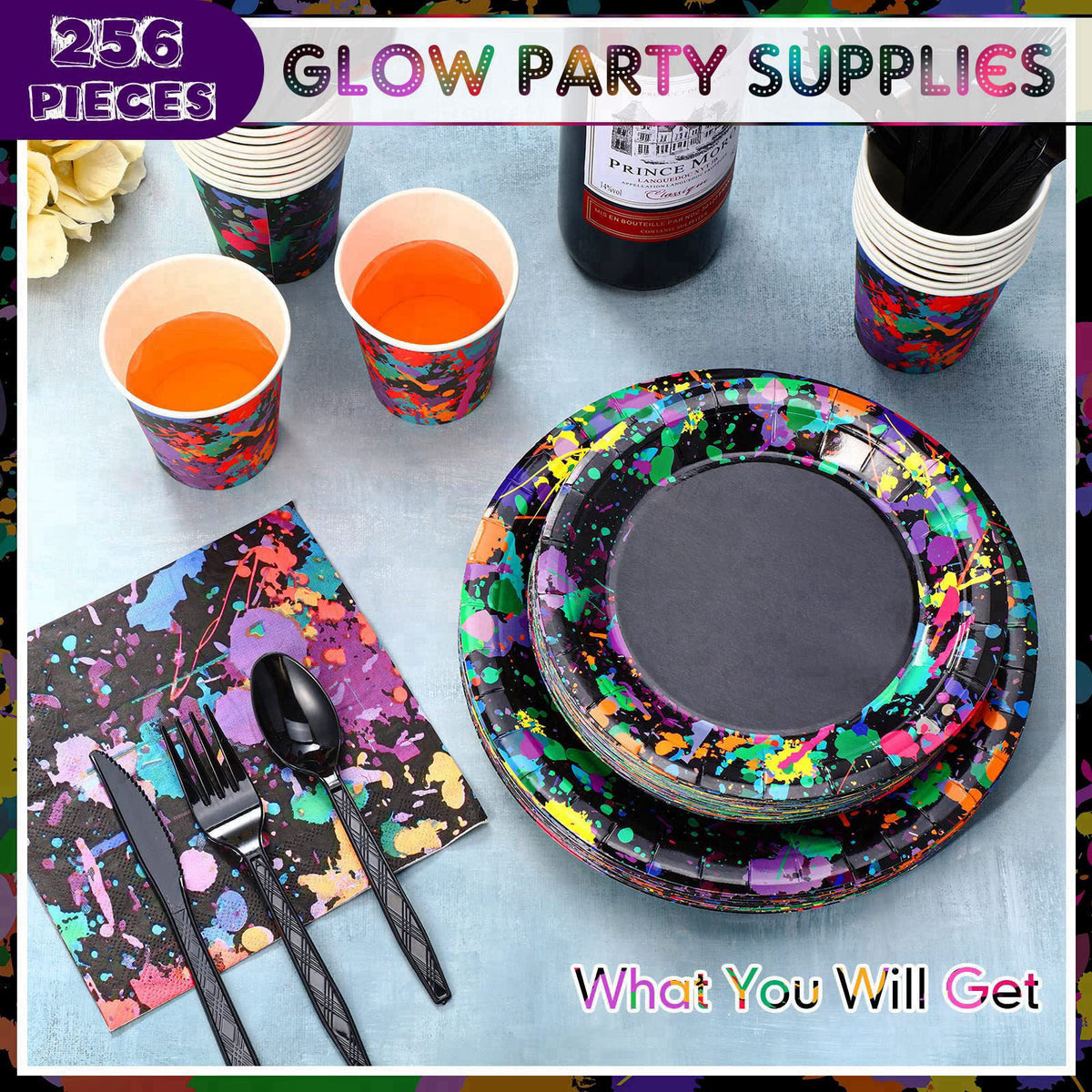 Baderke 252 Pcs Neon Party Supplies Neon Plates Tableware Set for 36 Guests – back view and specifications