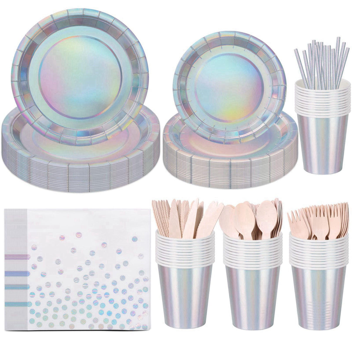 CEILIWEN 200PCS Iridescent Party Decorations Supplies, Paper Plates and Napkins Set, Iridescent Party Tableware Set for 