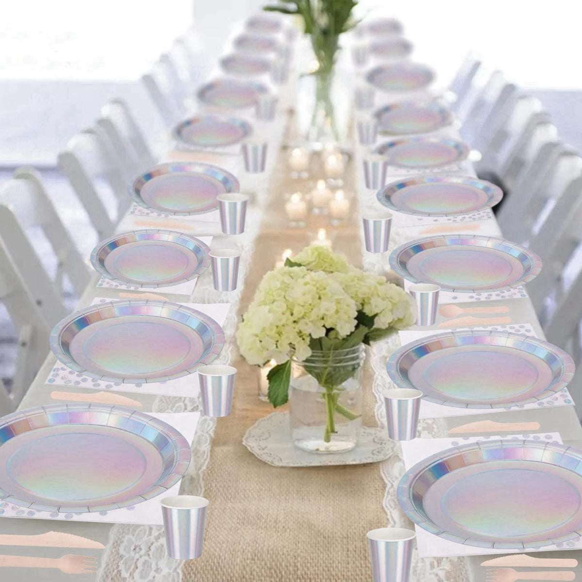 CEILIWEN 200PCS Iridescent Party Decorations Supplies, Paper Plates and Napkins Set, Iridescent Party Tableware Set for 