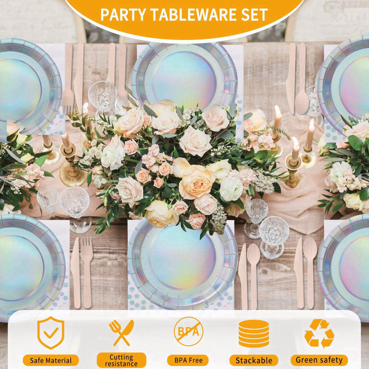 CEILIWEN 200PCS Iridescent Party Decorations Supplies, Paper Plates and Napkins Set, Iridescent Party Tableware Set for 