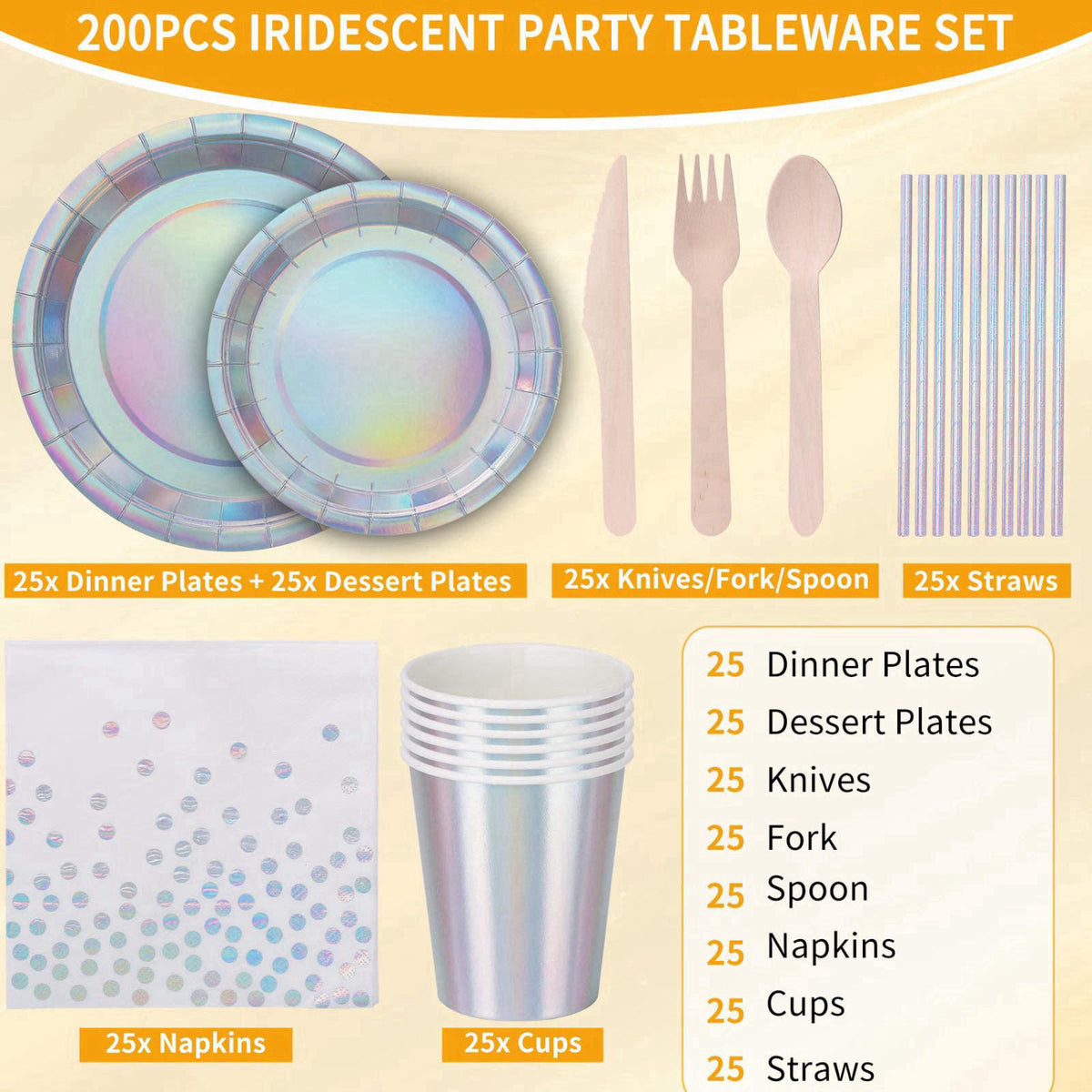 CEILIWEN 200PCS Iridescent Party Decorations Supplies, Paper Plates and Napkins Set, Iridescent Party Tableware Set for 