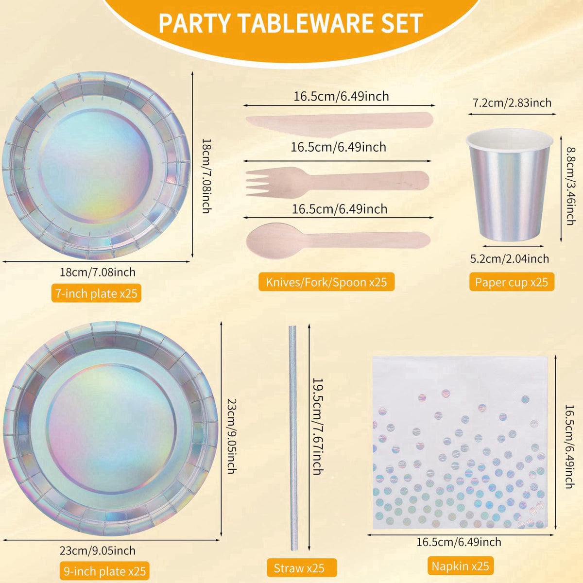 CEILIWEN 200PCS Iridescent Party Decorations Supplies, Paper Plates and Napkins Set, Iridescent Party Tableware Set for 