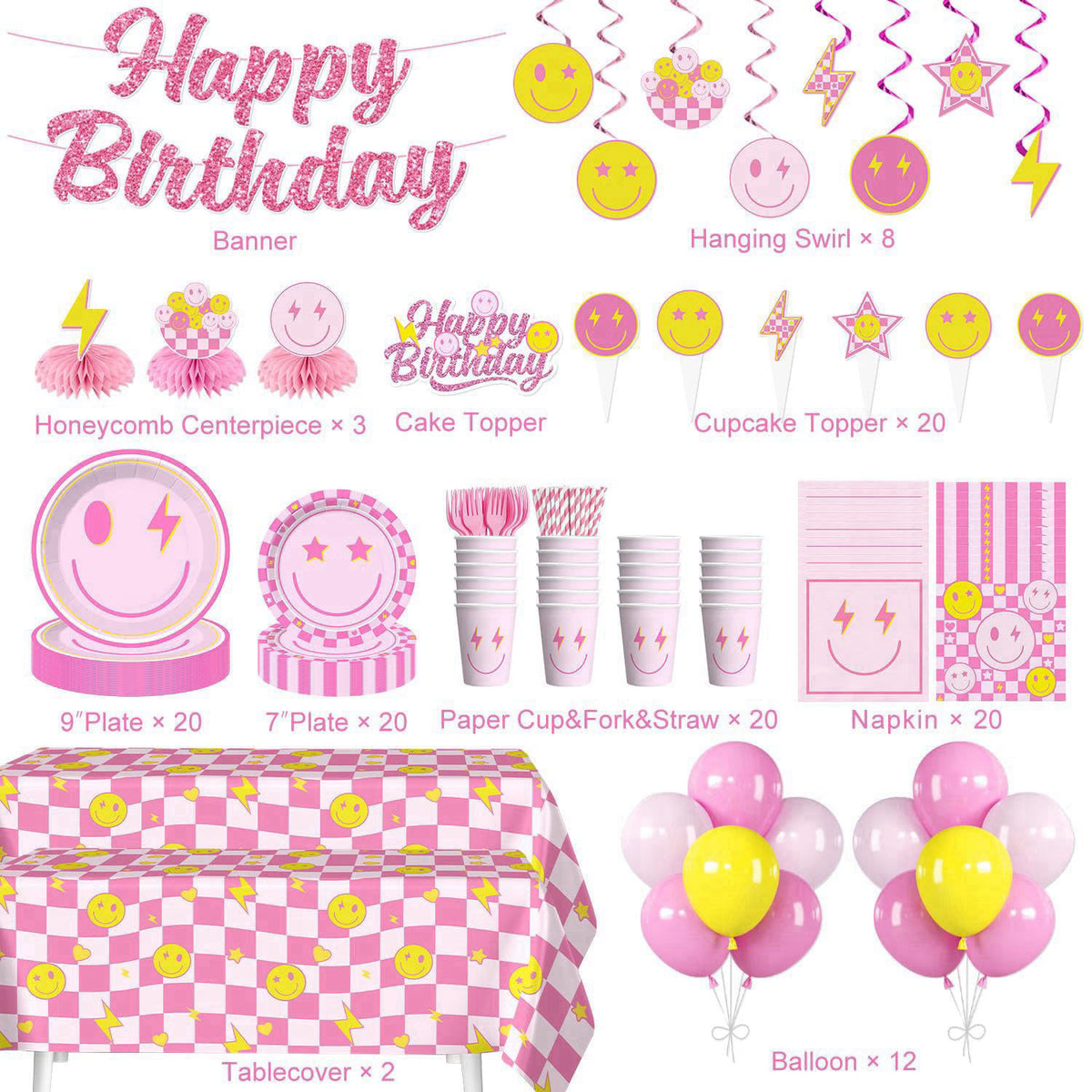 Yingoto Smiley Face Birthday Decorations, Serves 20 Guests – packaging and label