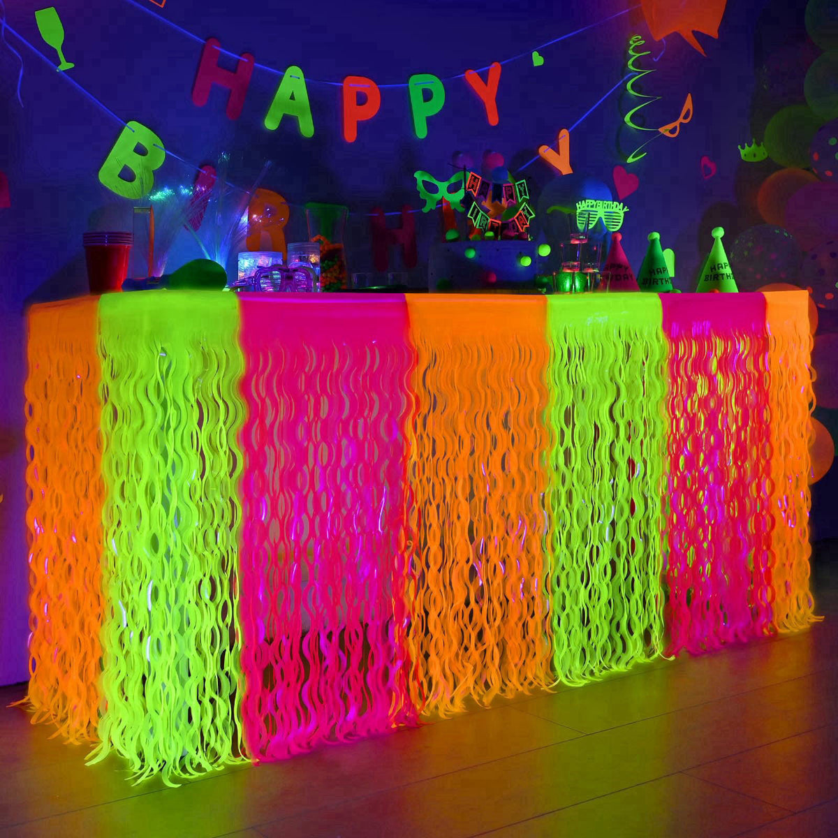 Mega-Loopolis Mega-L Glow in The Dark Party Supplies, Neon Wavy Table Skirts, 4 Pack