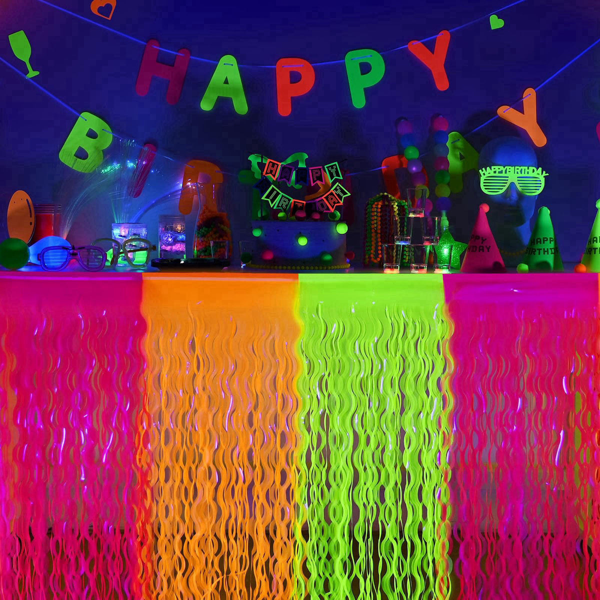 Mega-Loopolis Mega-L Glow in The Dark Party Supplies, Neon Wavy Table Skirts, 4 Pack – close-up detail