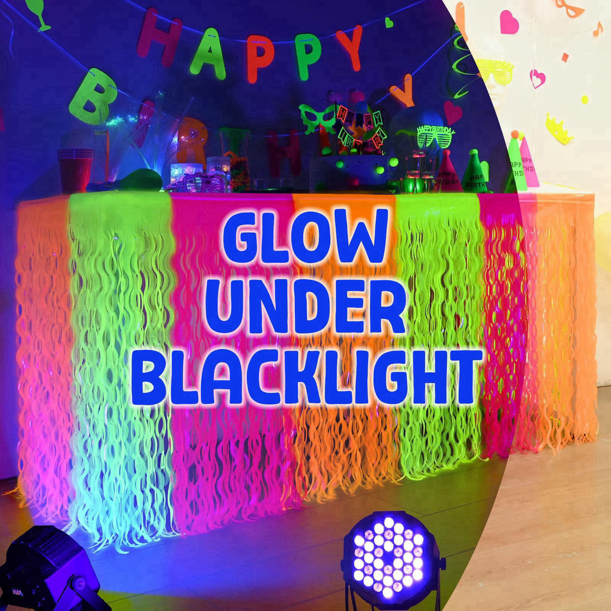 Mega-Loopolis Mega-L Glow in The Dark Party Supplies, Neon Wavy Table Skirts, 4 Pack – packaging and label