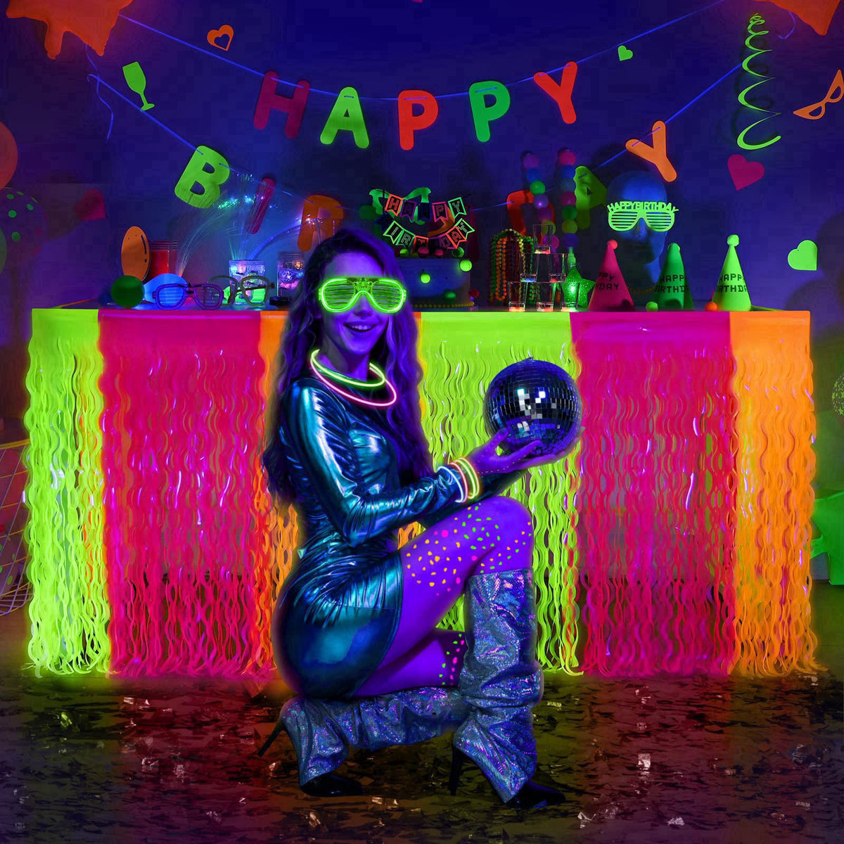 Mega-Loopolis Mega-L Glow in The Dark Party Supplies, Neon Wavy Table Skirts, 4 Pack – full view