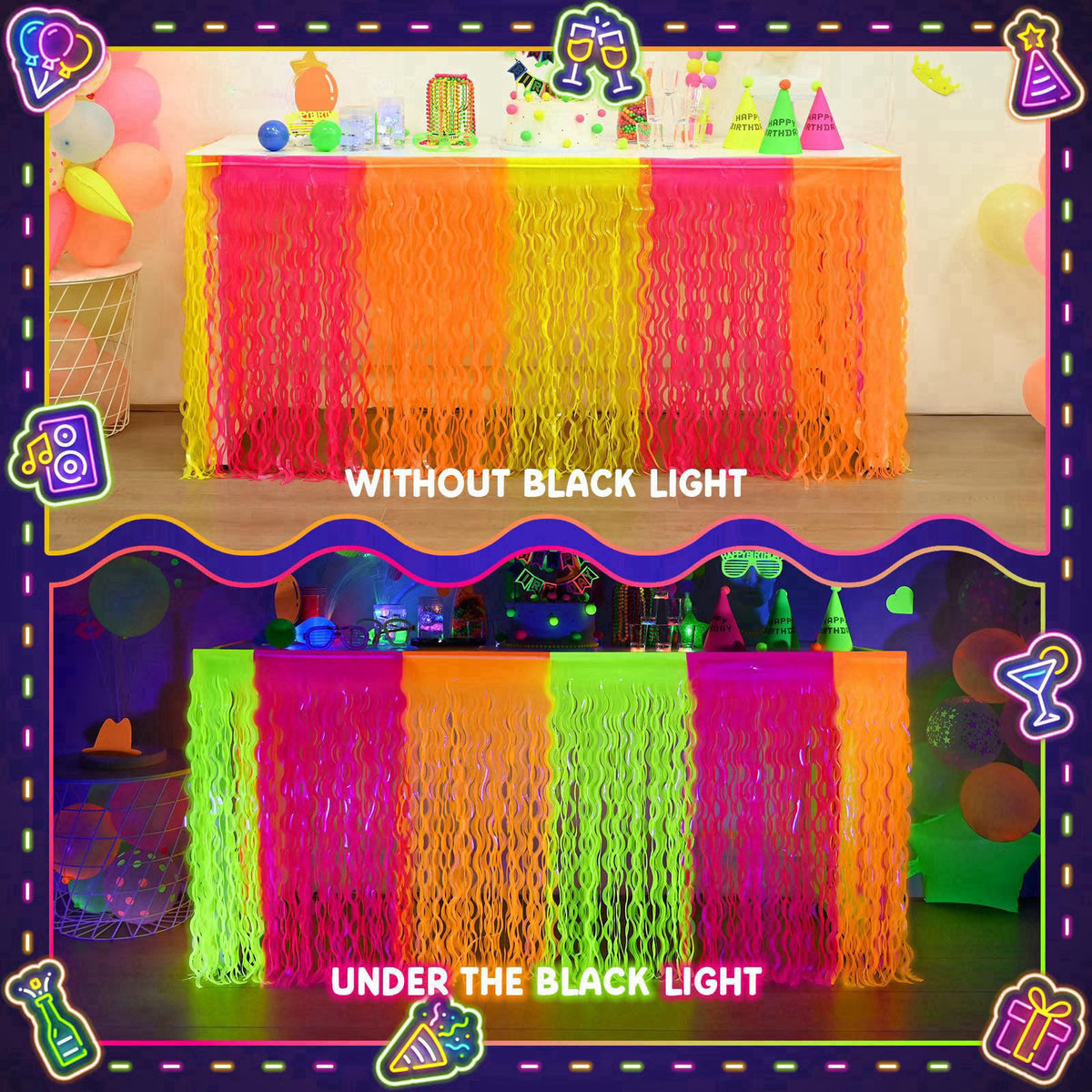 Mega-Loopolis Mega-L Glow in The Dark Party Supplies, Neon Wavy Table Skirts, 4 Pack – back view and specifications
