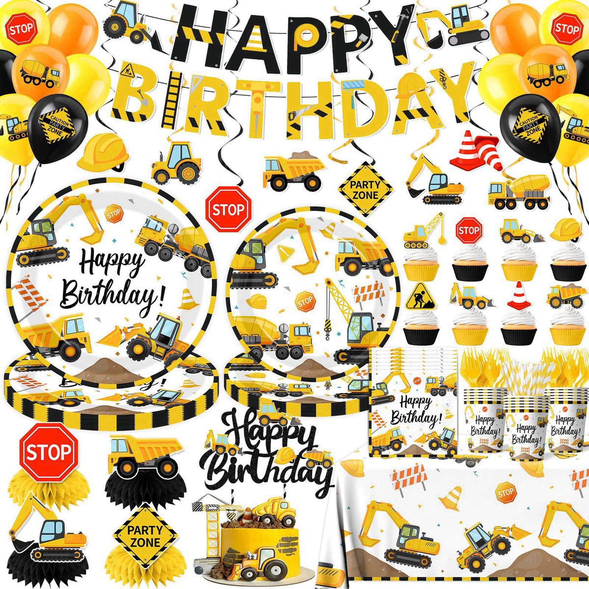 Guzbewu Construction Birthday Decorations,245PCS Construction Birthday Party Supplies-Includes Plates Napkins Cups Banne