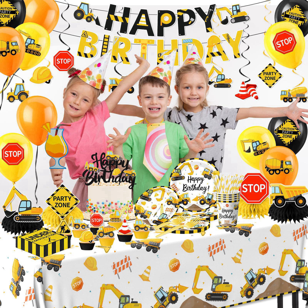 Guzbewu Construction Birthday Decorations,245PCS Construction Birthday Party Supplies-Includes Plates Napkins Cups Banne