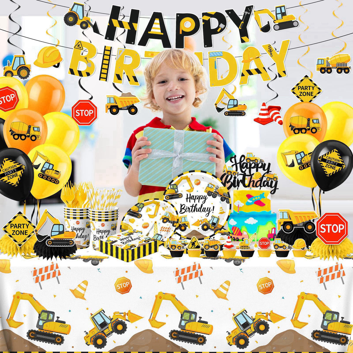 Guzbewu Construction Birthday Decorations,245PCS Construction Birthday Party Supplies-Includes Plates Napkins Cups Banne