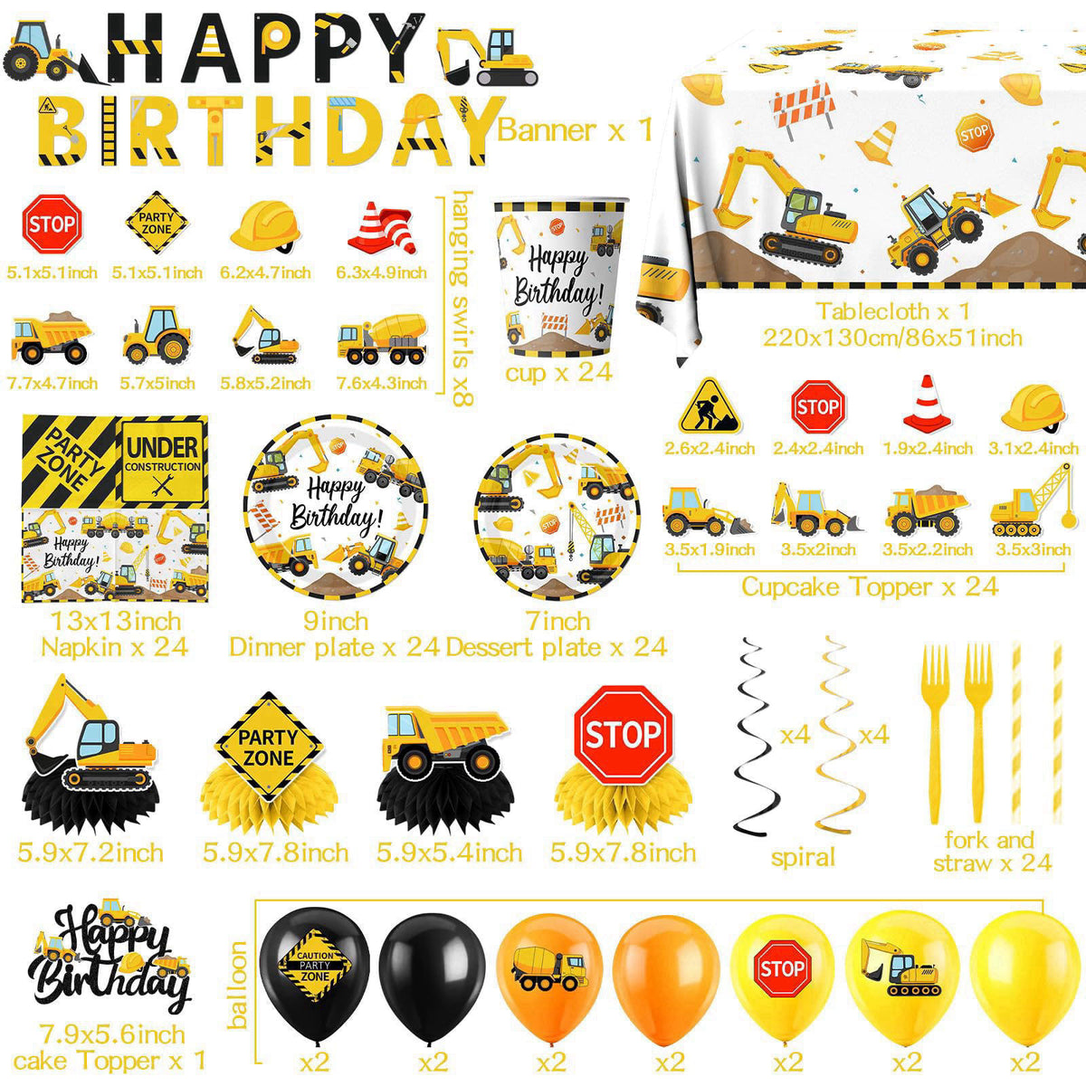 Guzbewu Construction Birthday Decorations,245PCS Construction Birthday Party Supplies-Includes Plates Napkins Cups Banne