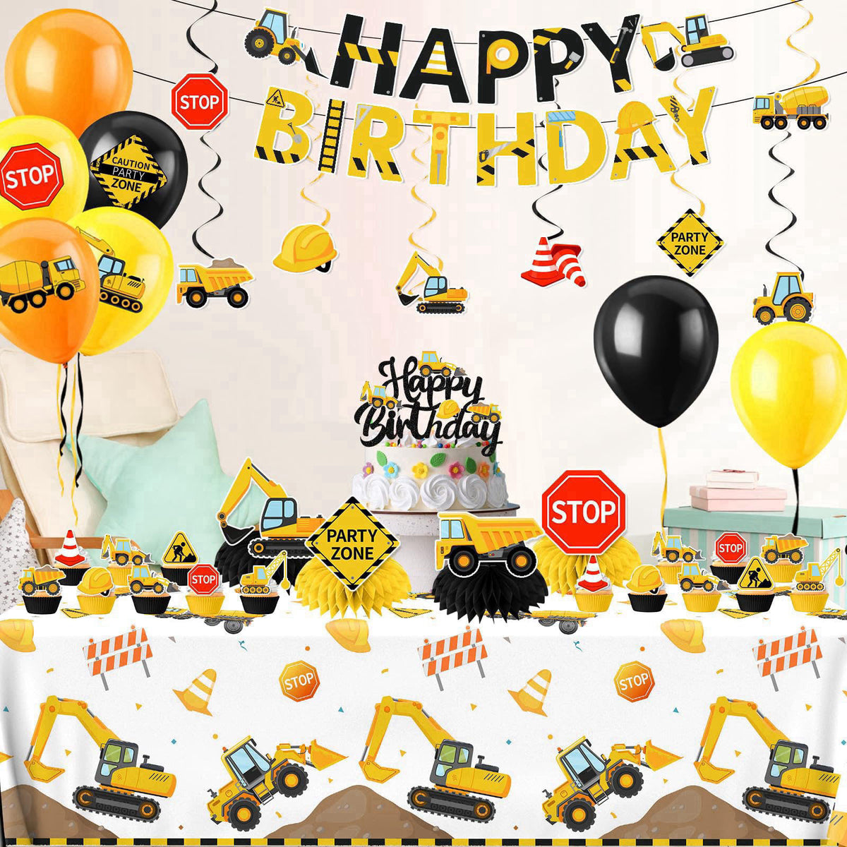 Guzbewu Construction Birthday Decorations,245PCS Construction Birthday Party Supplies-Includes Plates Napkins Cups Banne