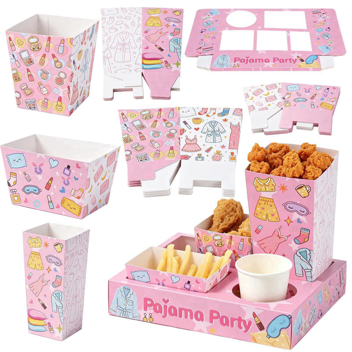 HFYZZ 12Set Pajama Party Snack Tray Kit Slumber Party Supplies Includes Trays Popcorn Boxes Salad and Nacho Bowls Cute P
