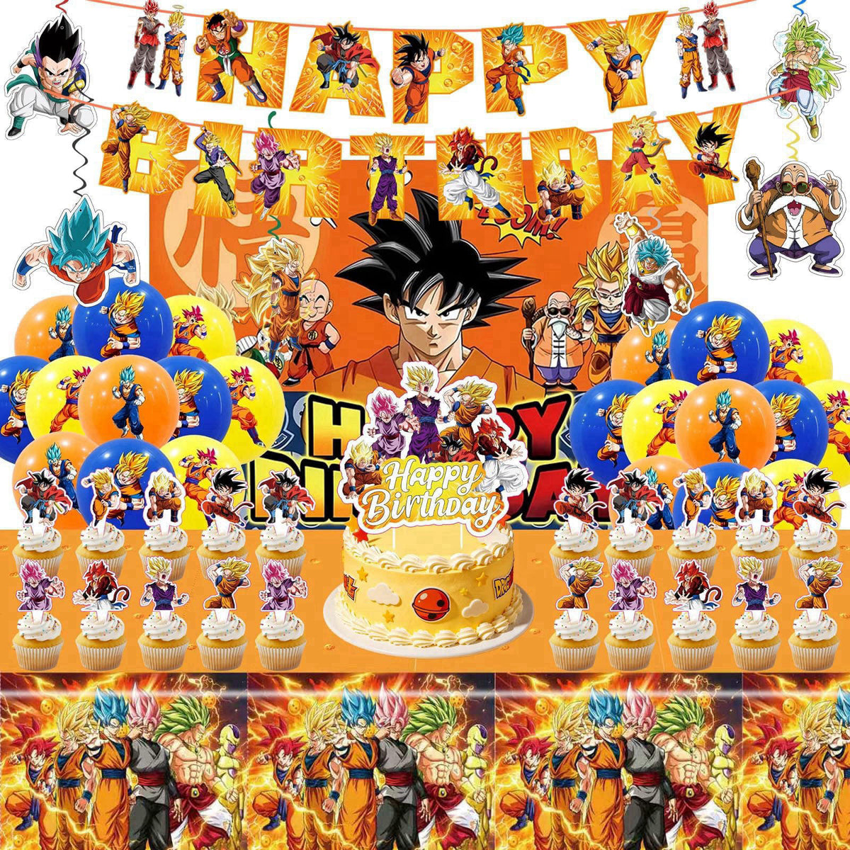 KROCEUS 43PCS Dragon Ball Birthday Party Supplies: Banner, Cake Topper, Tablecloth, Backdrop, Cupcake Toppers, Balloons,