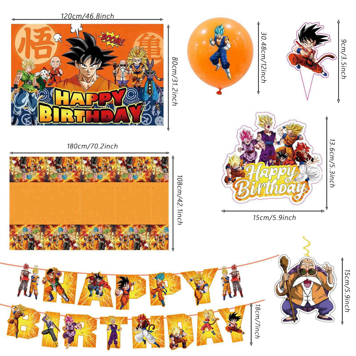 KROCEUS 43PCS Dragon Ball Birthday Party Supplies: Banner, Cake Topper, Tablecloth, Backdrop, Cupcake Toppers, Balloons,