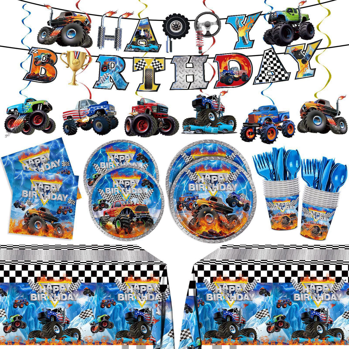 JVORFDG 177pcs Monster Truck Birthday Decorations Plates Napkins Tableware Set – back view and specifications