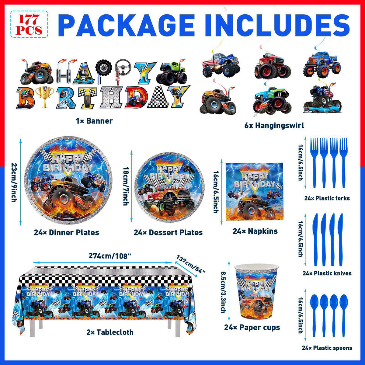 JVORFDG 177pcs Monster Truck Birthday Decorations Plates Napkins Tableware Set – alternate angle