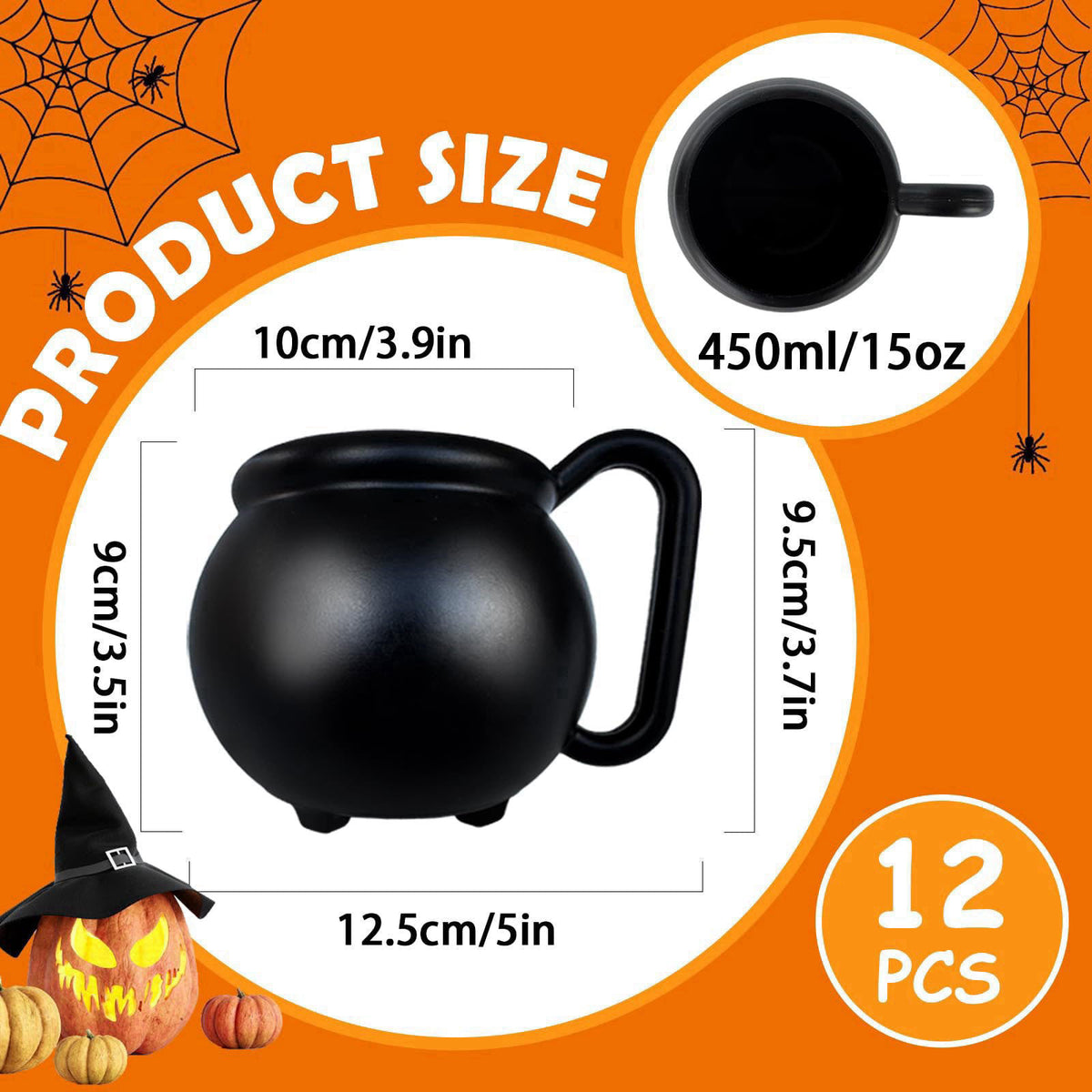 Baaxxango 12 Pcs 15 oz Cauldron Mugs,Plastic Black Cauldron Pot Cups – close-up detail in Black