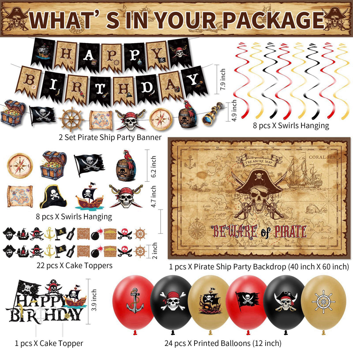 HOAKWA Pirate Party Decorations, Pirate Birthday Party Supplies, Serves 24 – packaging and label