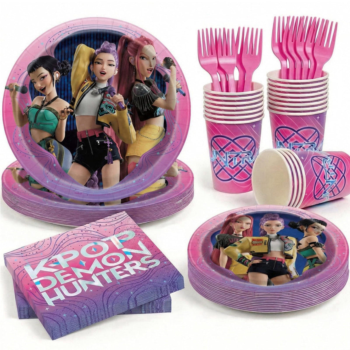 Unique KPop Demon Hunters Birthday Decorations - Plates and Napkins, Cups, Forks – Multicolor