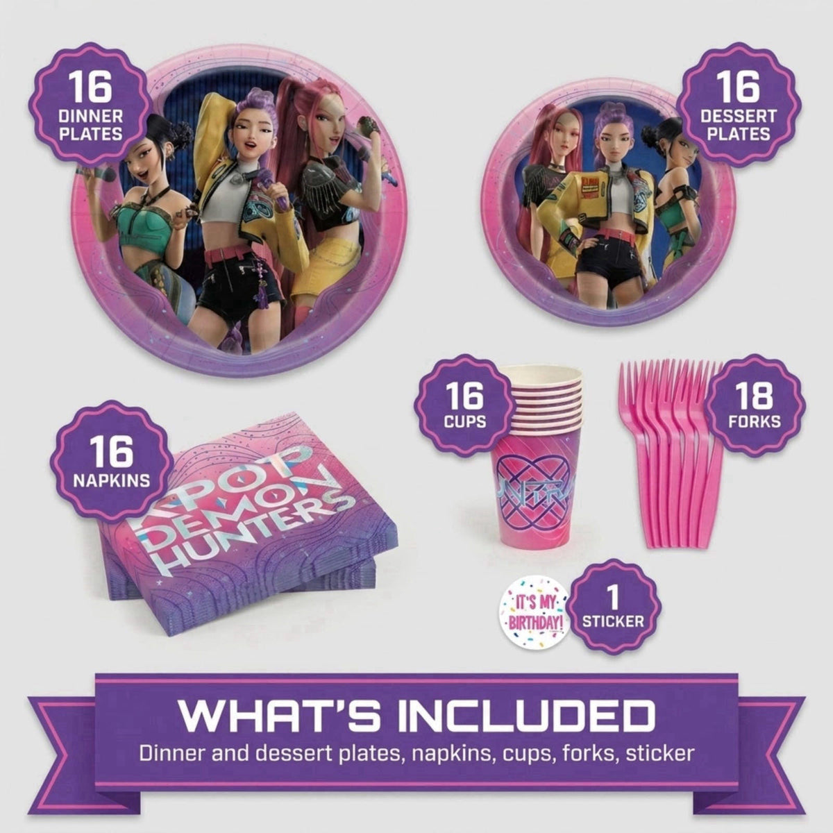 Unique KPop Demon Hunters Birthday Decorations - Plates and Napkins, Cups, Forks – close-up detail in Multicolor