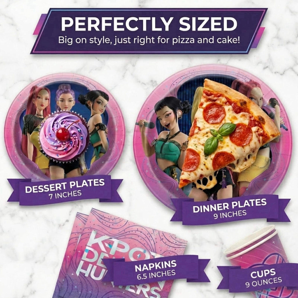 Unique KPop Demon Hunters Birthday Decorations - Plates and Napkins, Cups, Forks – full view
