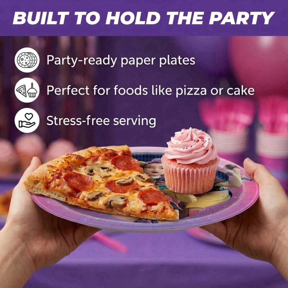 Unique KPop Demon Hunters Birthday Decorations - Plates and Napkins, Cups, Forks – back view and specifications