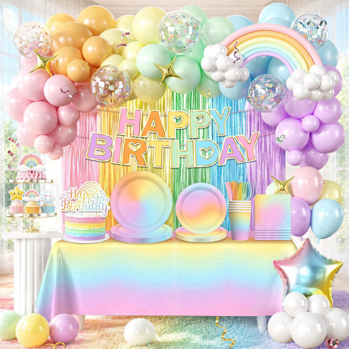 Fexivo Pastel Rainbow Birthday Decorations All-in-One Set for 25 Guests – packaging and label