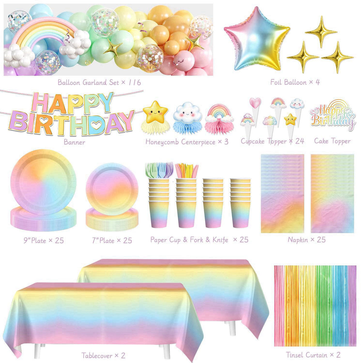 Fexivo Pastel Rainbow Birthday Decorations All-in-One Set for 25 Guests – full view