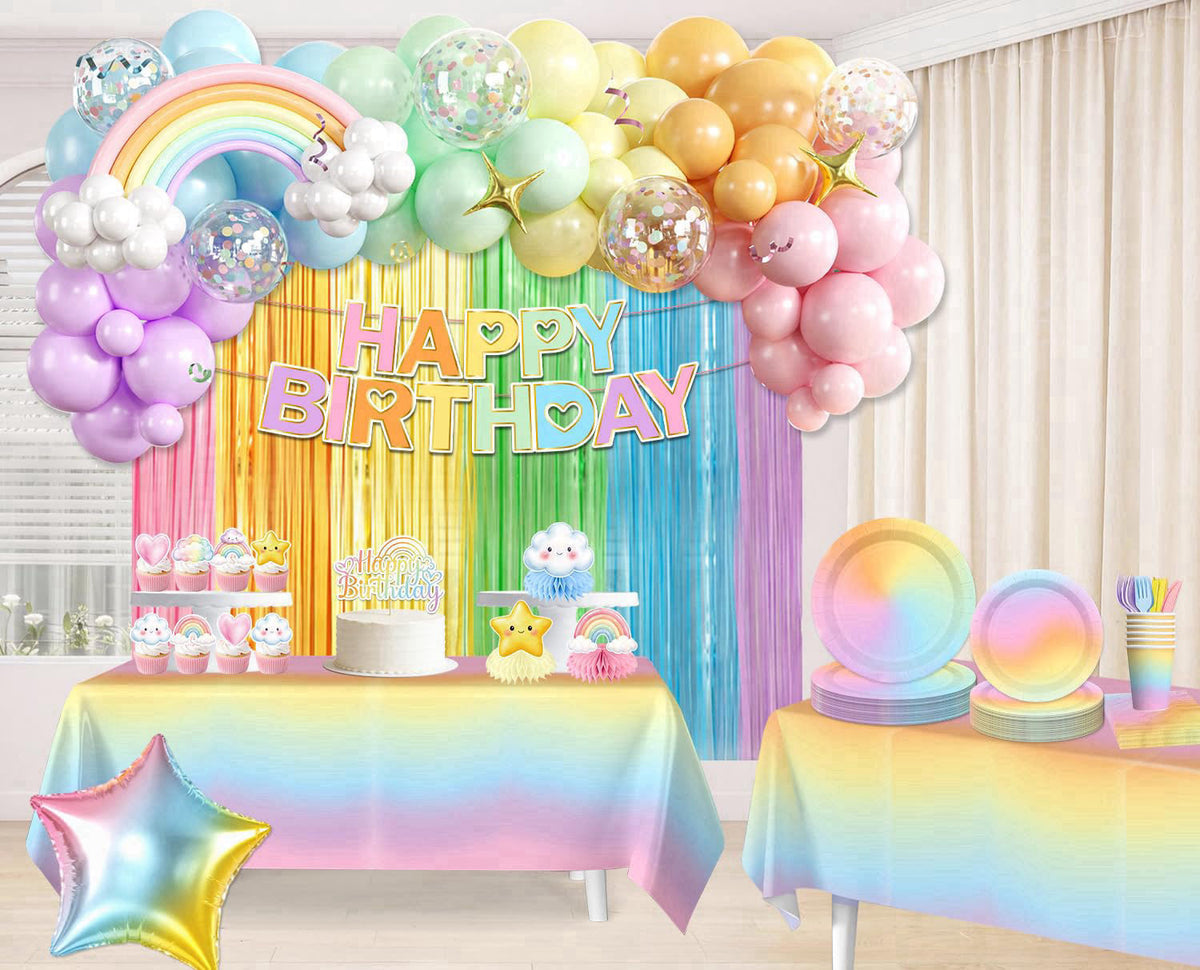 Fexivo Pastel Rainbow Birthday Decorations All-in-One Set for 25 Guests – back view and specifications