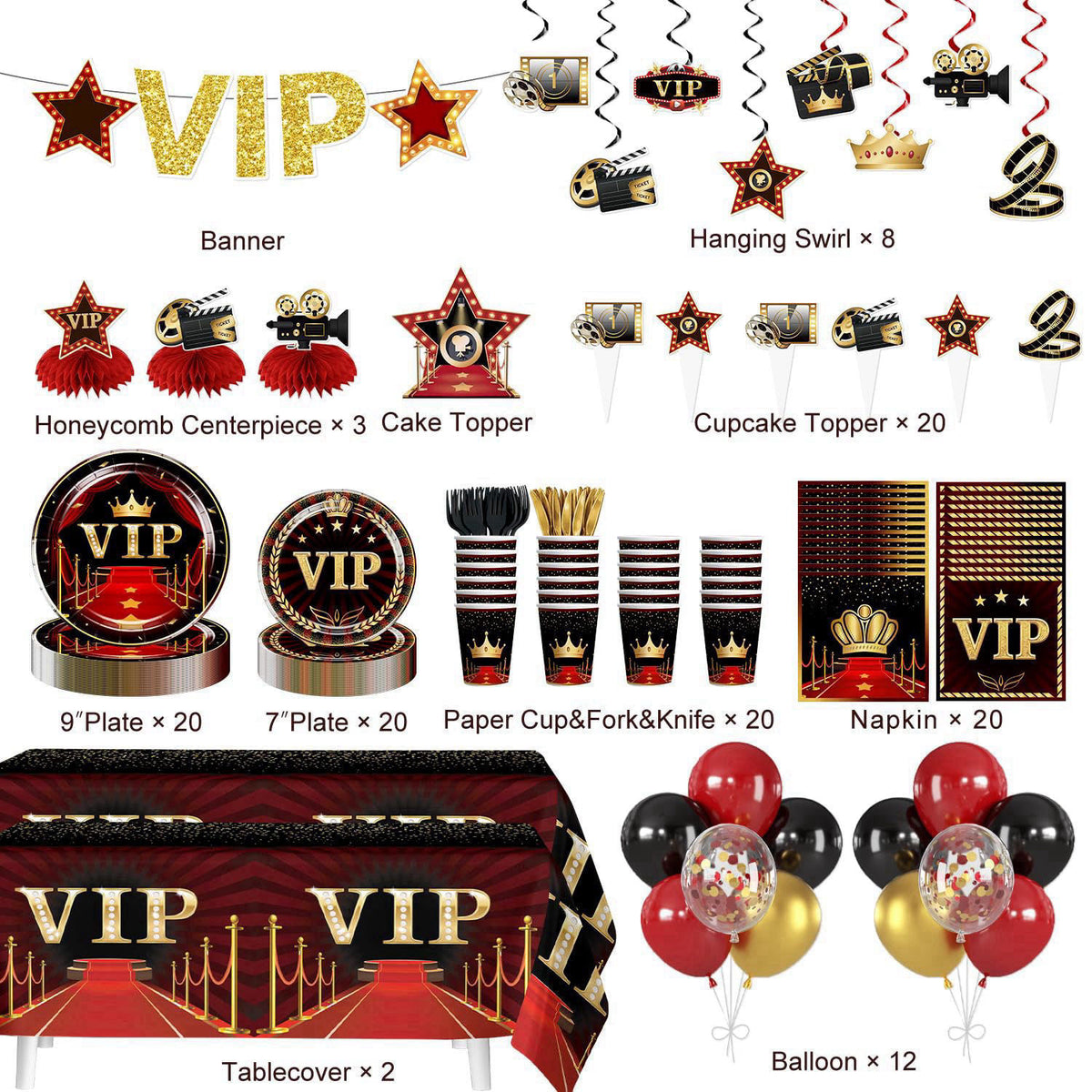 Yingoto Yingto 177PCS Red Carpet Party Decorations Hollywood Birthday Set Serves 20 – packaging and label