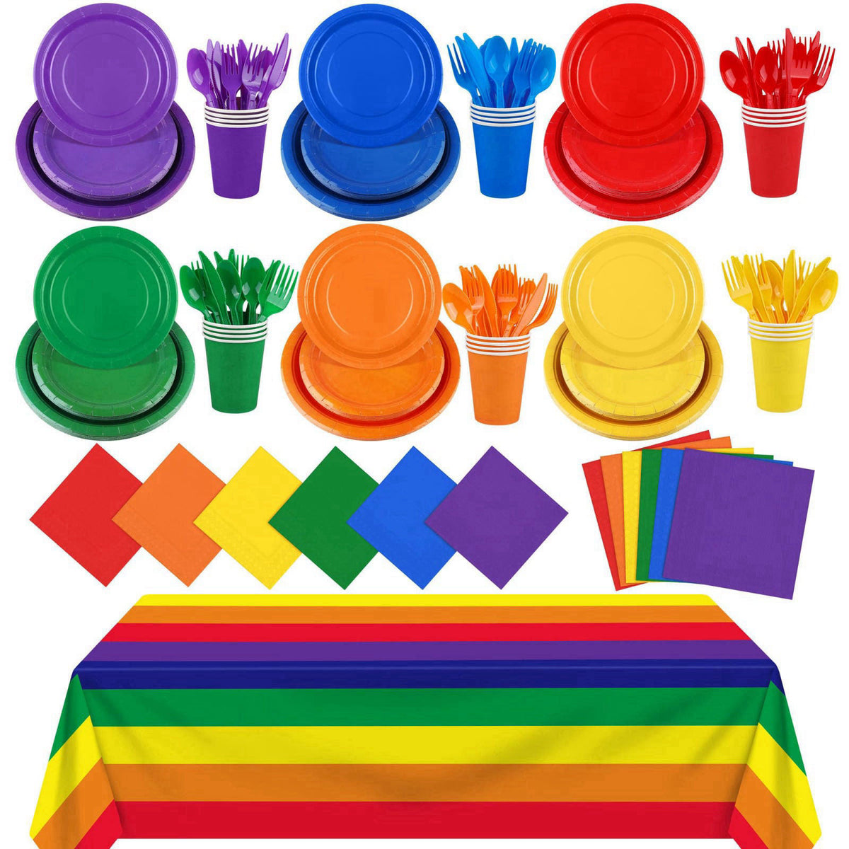 Kochorie 169 Pieces Rainbow Party Supplies Disposable Dinnerware Set Include Plates and Cups Napkins Plastic Forks Knive