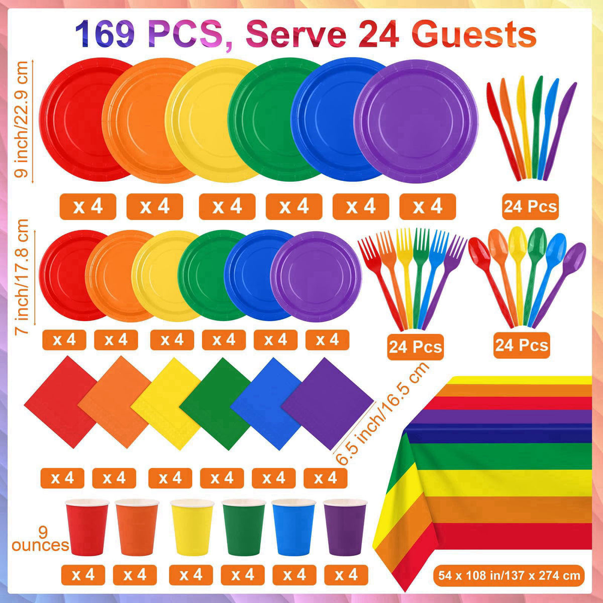 Kochorie 169 Pieces Rainbow Party Supplies Disposable Dinnerware Set Include Plates and Cups Napkins Plastic Forks Knive