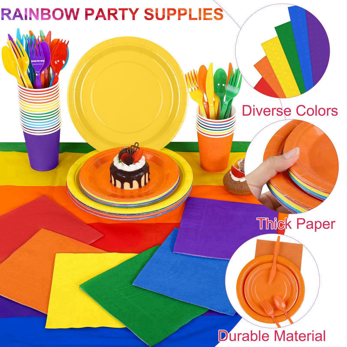 Kochorie 169 Pieces Rainbow Party Supplies Disposable Dinnerware Set Include Plates and Cups Napkins Plastic Forks Knive