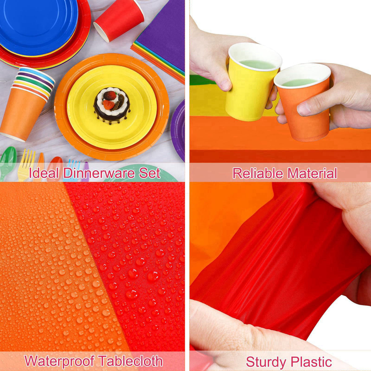 Kochorie 169 Pieces Rainbow Party Supplies Disposable Dinnerware Set Include Plates and Cups Napkins Plastic Forks Knive