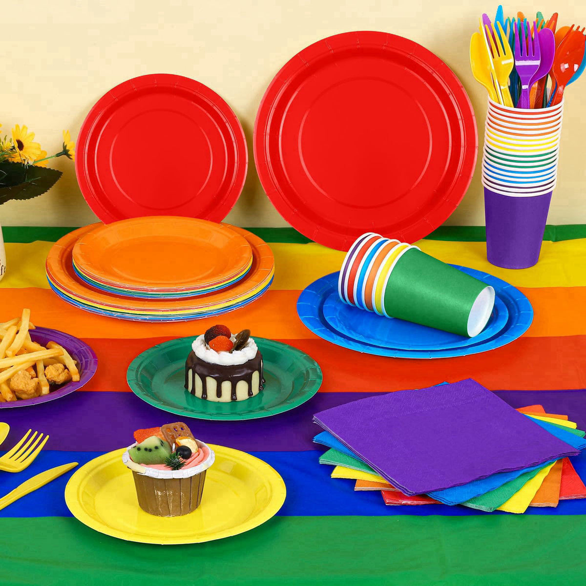 Kochorie 169 Pieces Rainbow Party Supplies Disposable Dinnerware Set Include Plates and Cups Napkins Plastic Forks Knive