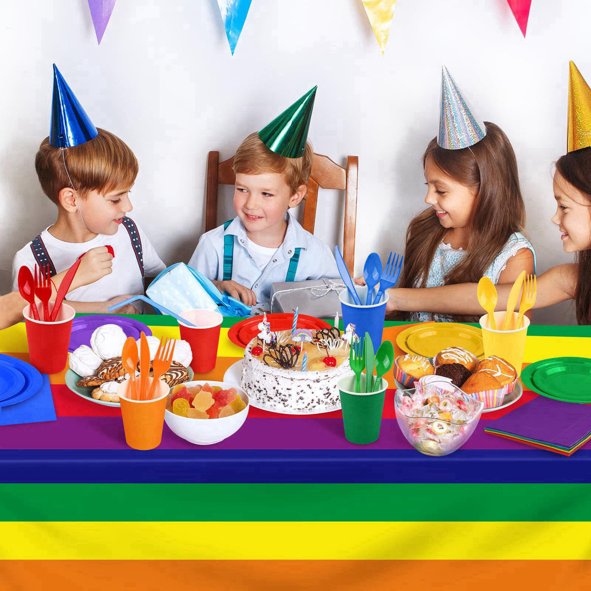 Kochorie 169 Pieces Rainbow Party Supplies Disposable Dinnerware Set Include Plates and Cups Napkins Plastic Forks Knive
